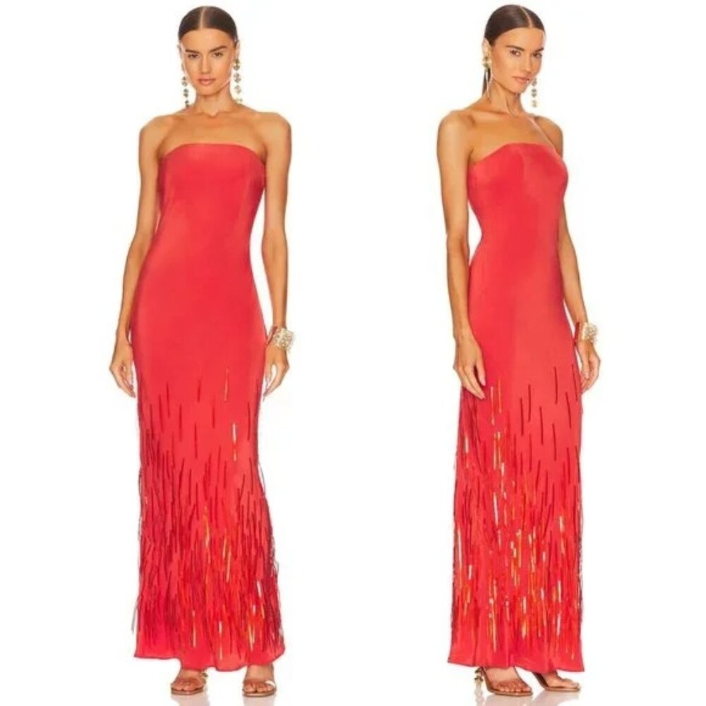 cult gaia Strapless Red Fringe Maxi Dress
